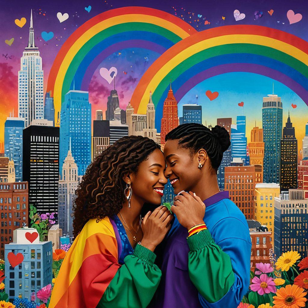 A vibrant collage of diverse couples celebrating love in various forms: a rainbow-lit cityscape in the background, icons of pride flags, intertwined hands, and symbols of unity. Each couple represents different identities, radiating joy and connection. The scene embodies warmth and acceptance, with hearts and flowers surrounding them. super-realistic. vibrant colors. 3D.